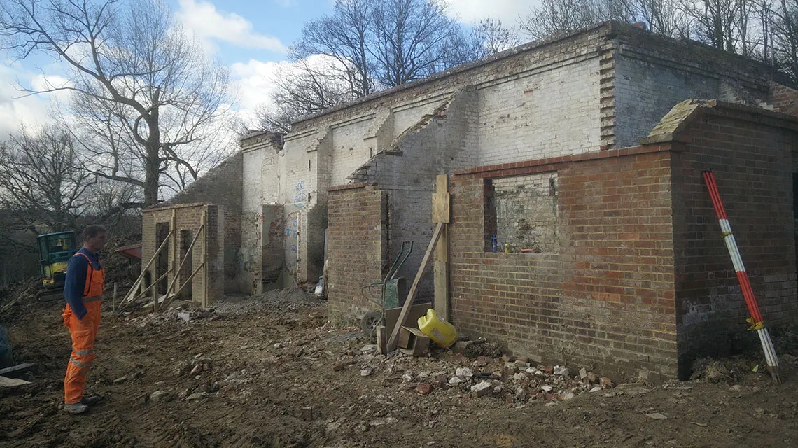 Building reduced to core structure.